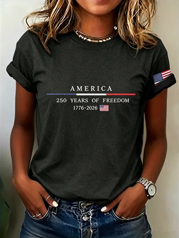 Embroidered Printed Round Neck Short Sleeved T-Shirt Commemorating The 250Th Anniversary Of The United States