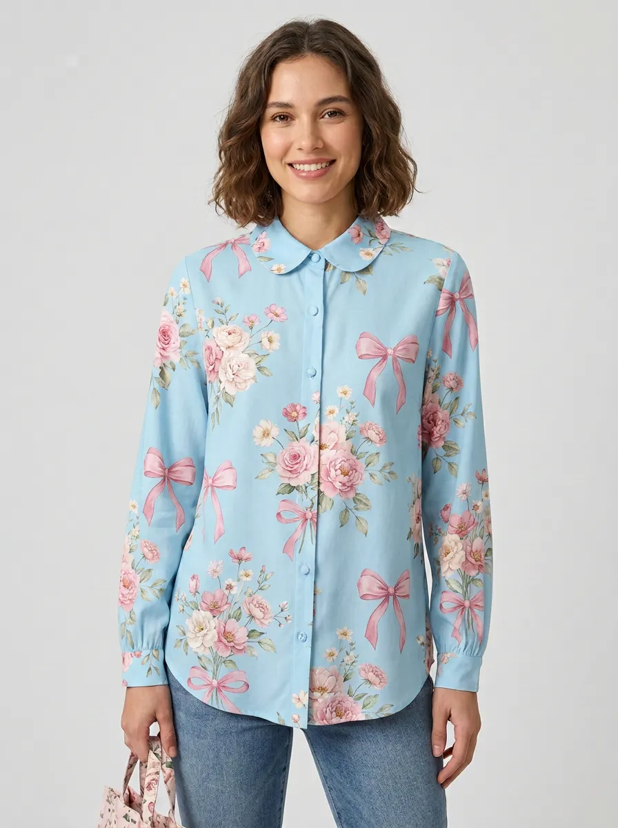 Women's Breast Cancer Awareness Pink Bow Floral Printed Button-up Shirt