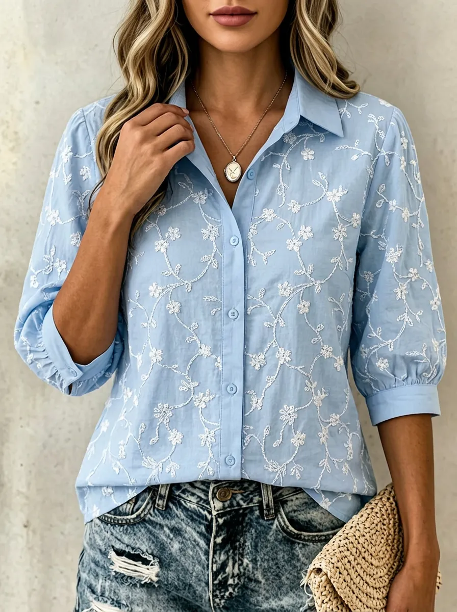 Women's Breast Cancer Awareness Floral Embroidered Printed Shirt