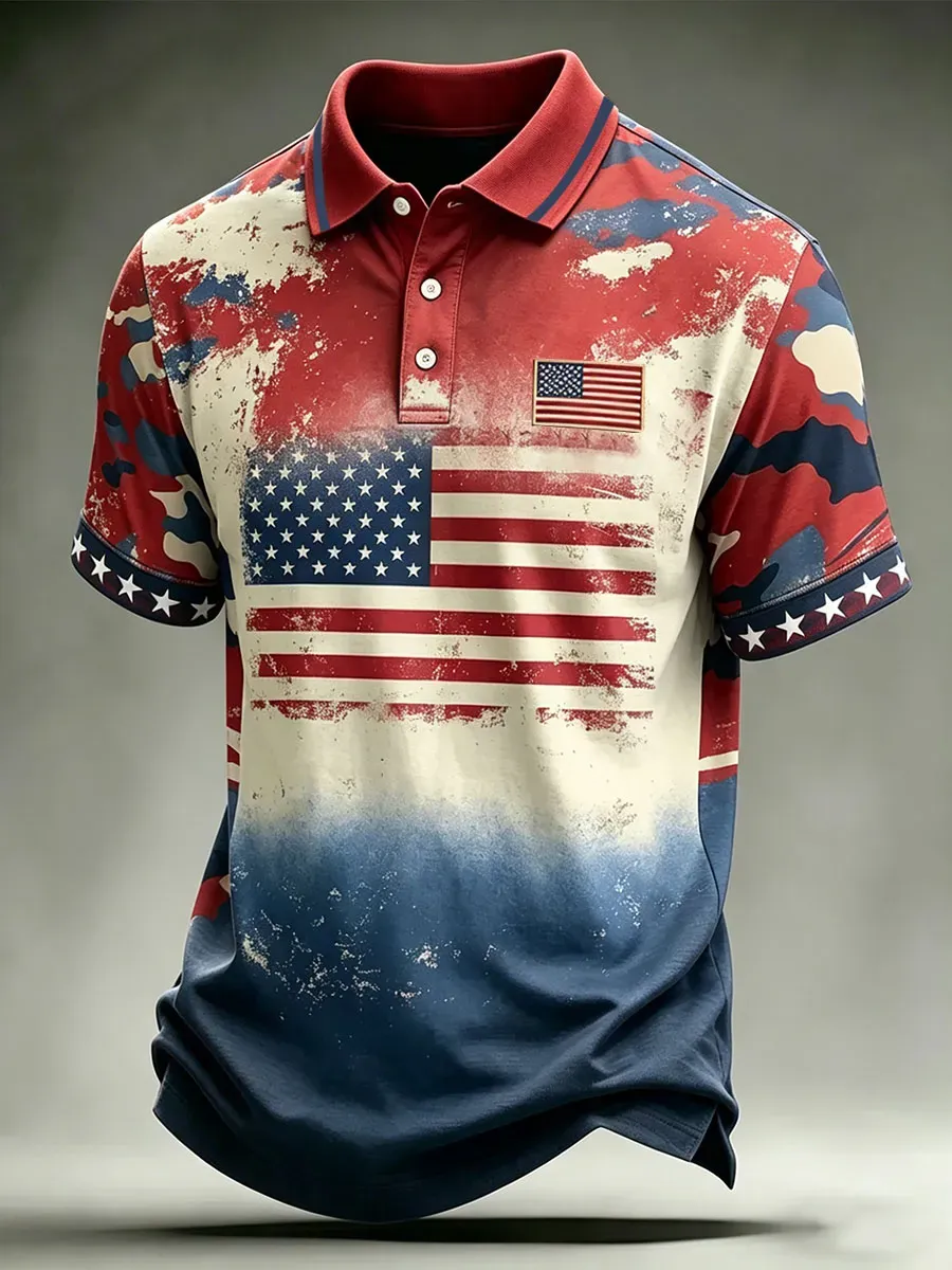 Men'S American Flag Print Casual Polo Shirt