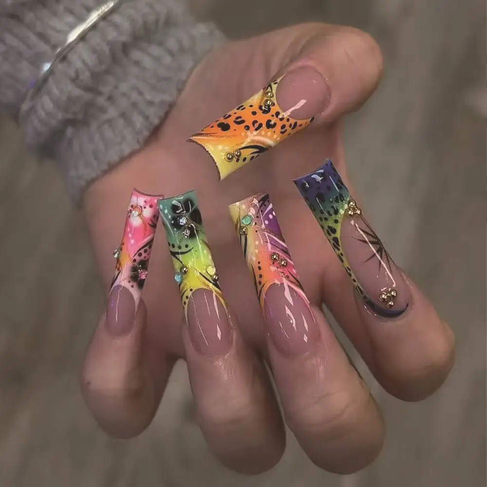Nailhour 24Pcs French Long Square Wild Cheetah Print Press On Nails