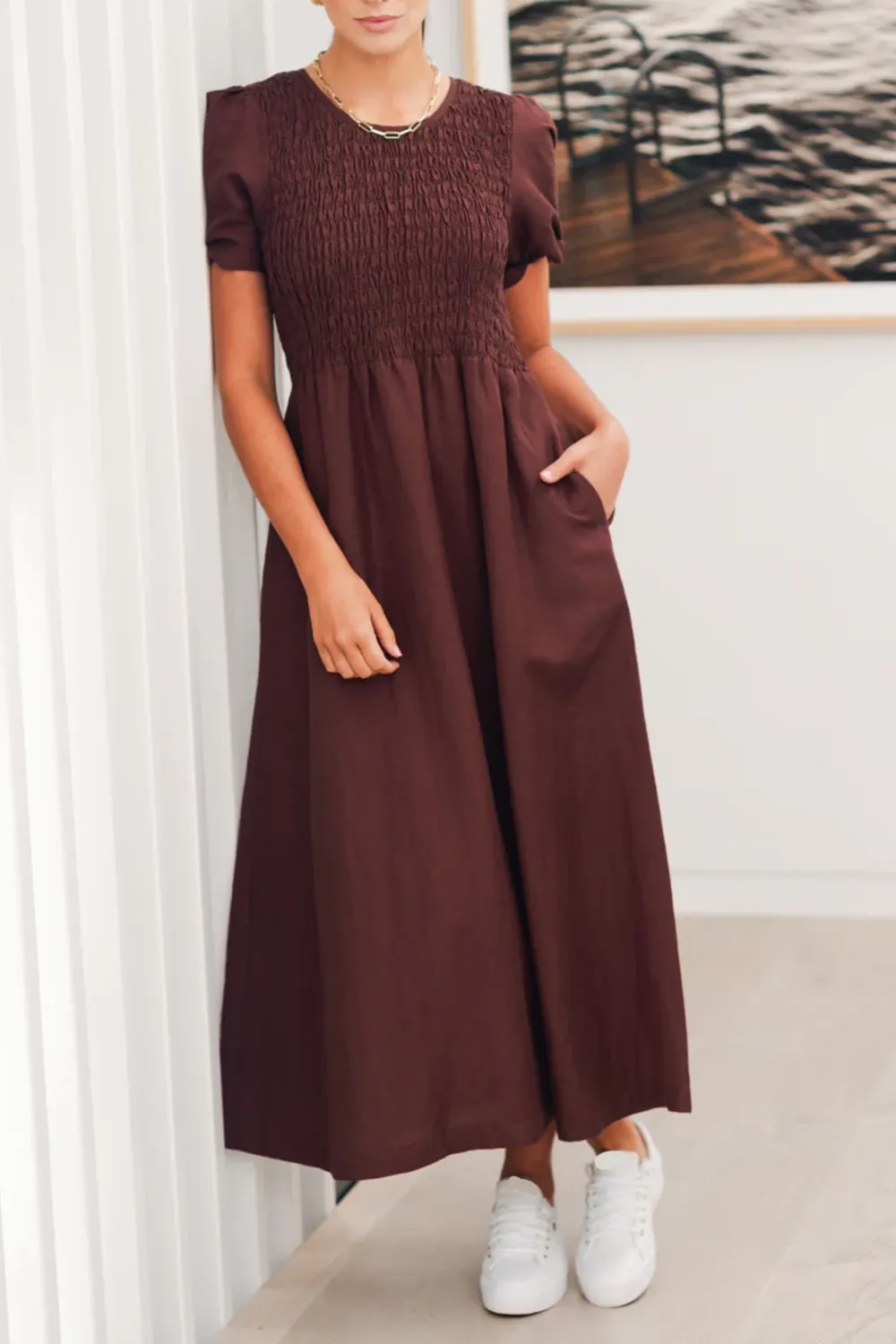 Brown Smocked Pocket Maxi Dress