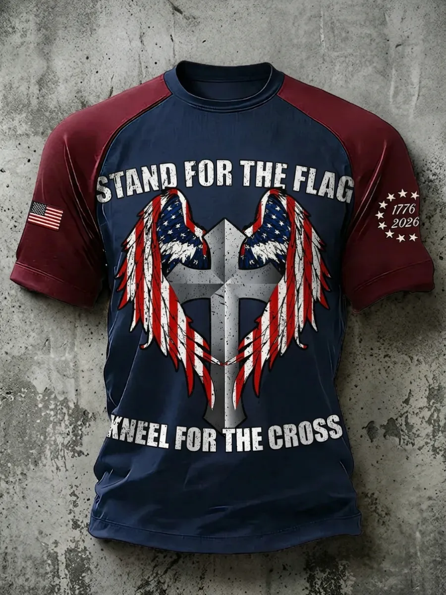 Men's America's 250th Anniversary Stand For The Flag Kneel For The Cross Faith Christian Cross Print T-Shirt