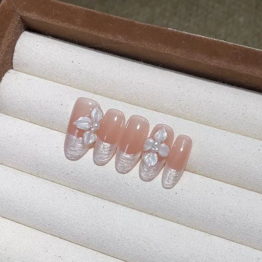 Nailhour 10Pcs French 3D Floral Medium Oval Press On Nails
