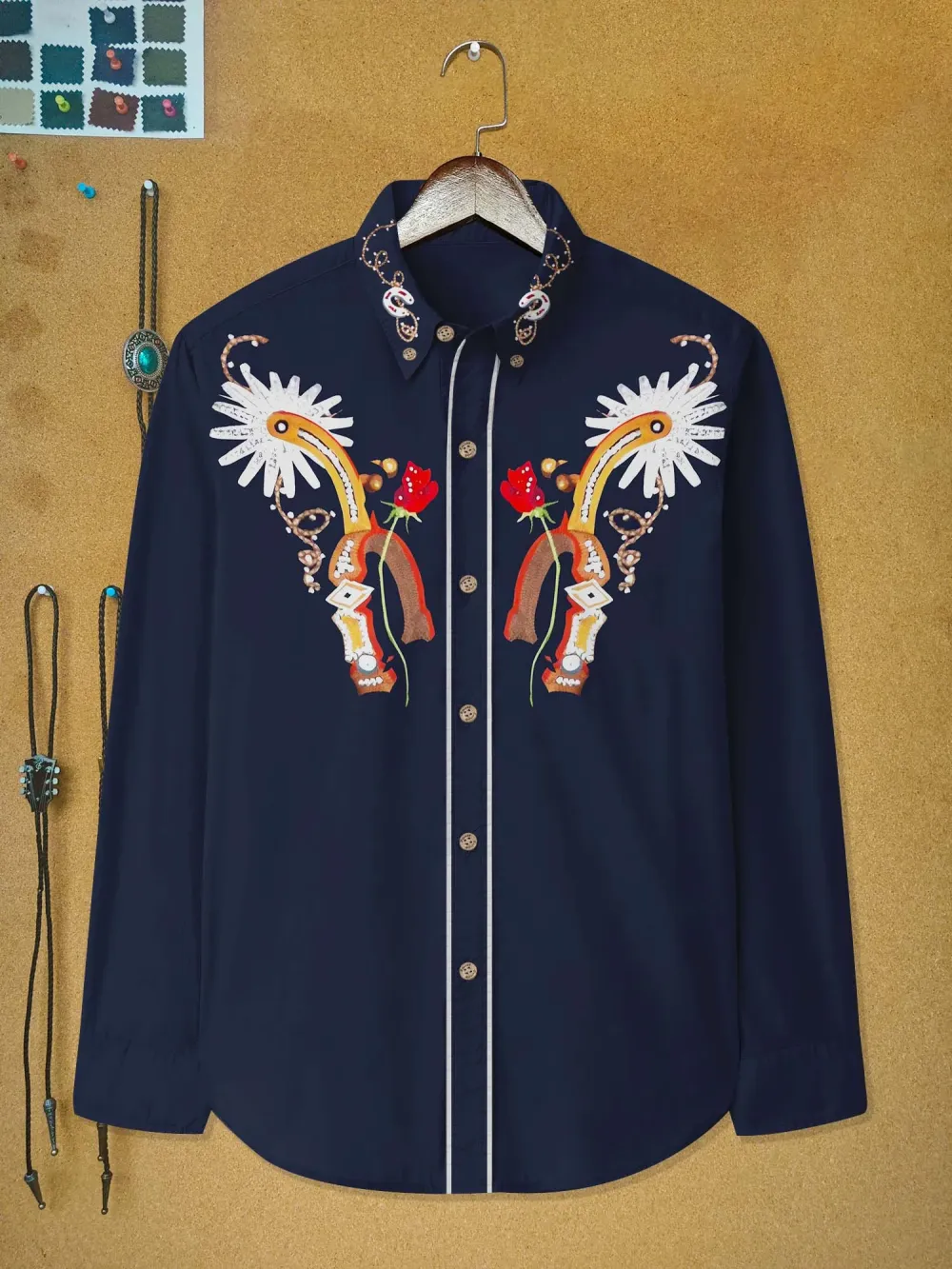 Western Vintage Flag Flower Printed Hawaiian Shirt For Men Button-down Shirt Long Sleeve 100% Cotton Shirt