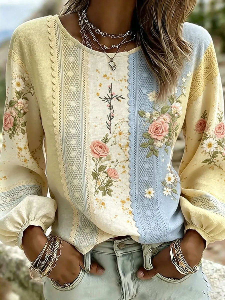 Women'S Casual Floral  Faith Print Cotton Linen Top