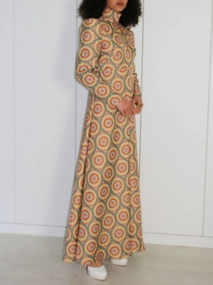 Geometric Print Turtleneck Maxi Dress