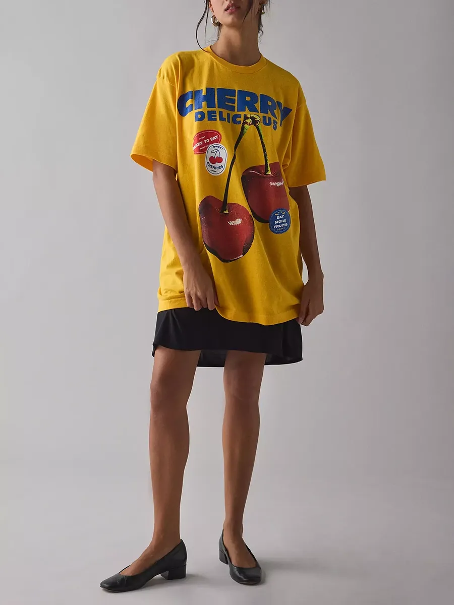 Yellow Cherry Print Loose T-Shirt