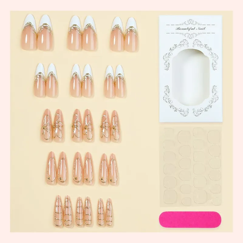 Nailhour 30Pcs French Gilded Minimalist Long Almond Press On Nails