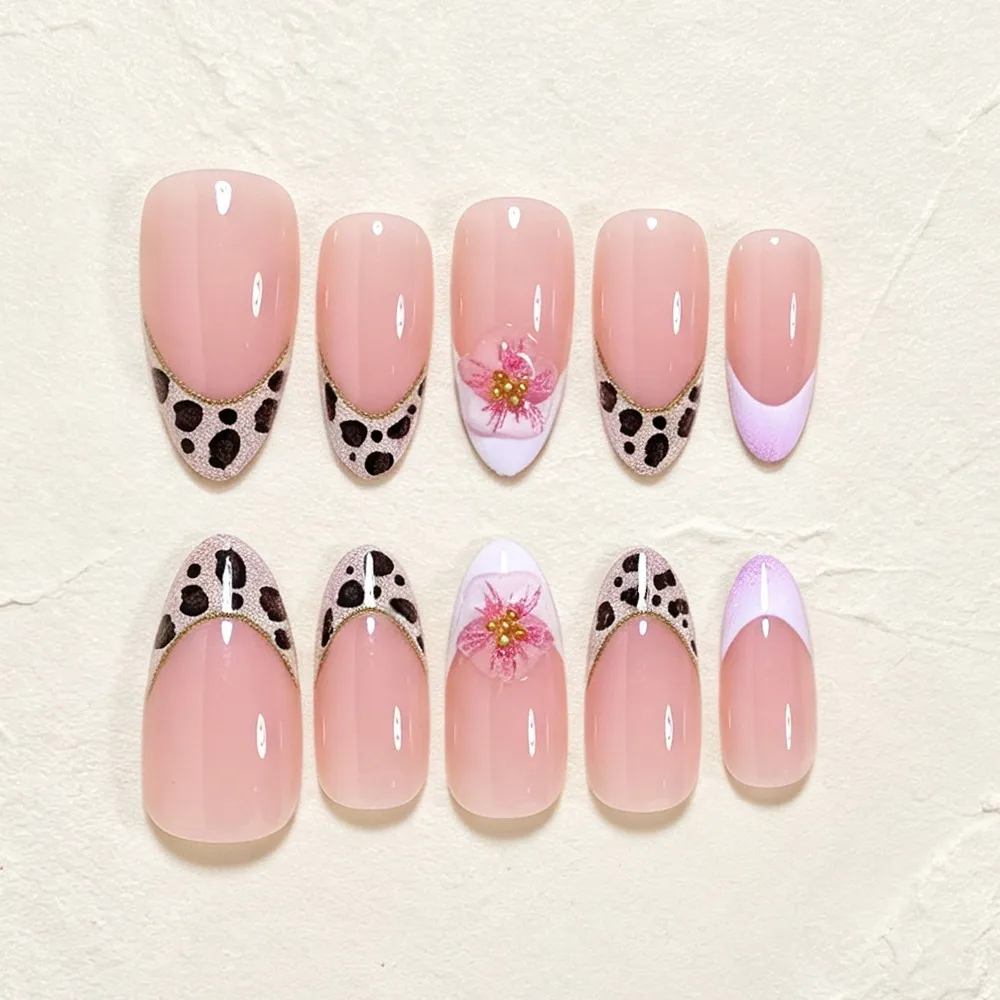 Nailhour 30Pcs Floral Retro Leopard Print Medium Almond Press On Nails