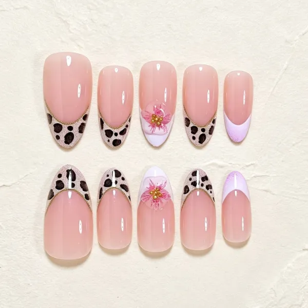 Nailhour 30Pcs Floral Retro Leopard Print Medium Almond Press On Nails