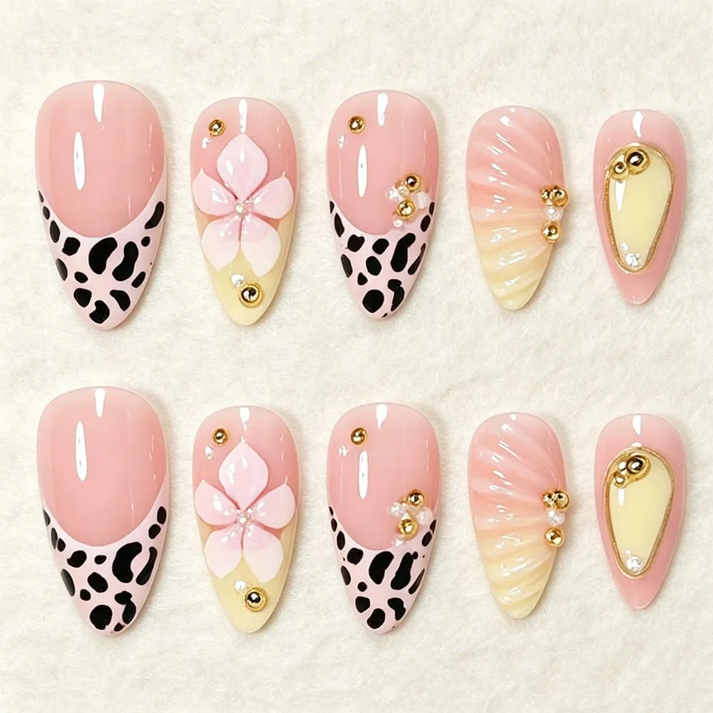 Nailhour 24Pcs Yellow Gilded French 3D Floral Medium Almond Press On Nails
