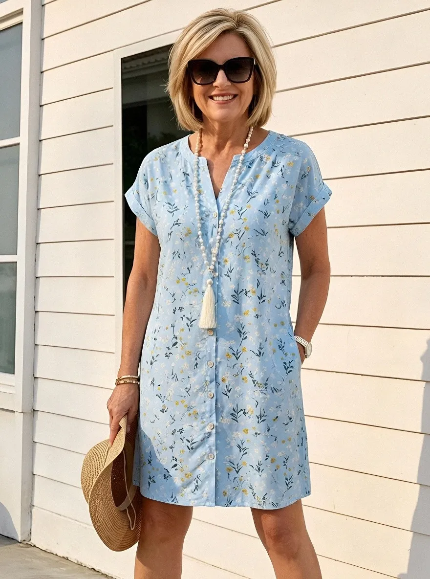 Women's Summer Vacation Blue Hibiscus Floral Lace Trim Printed Dress