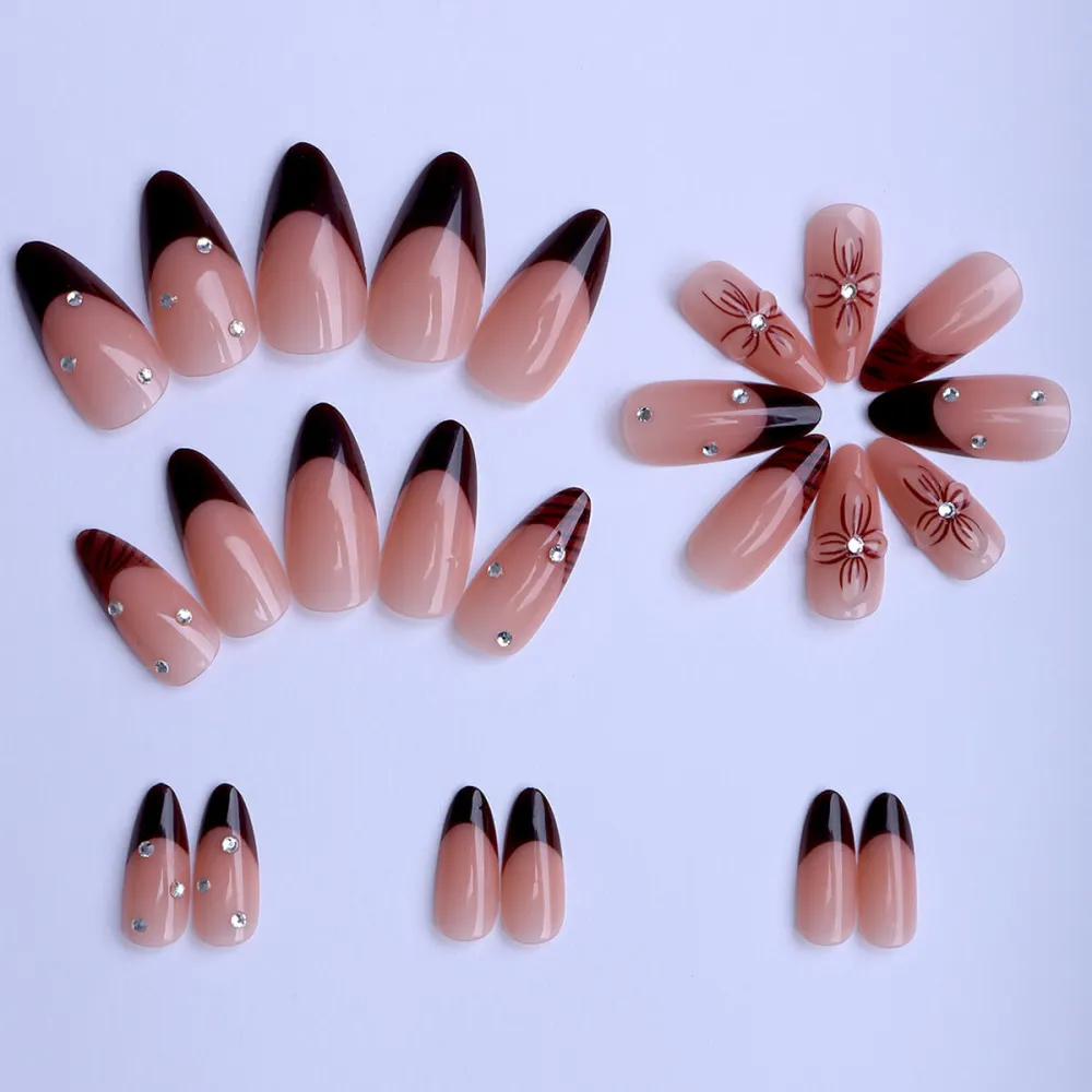 Nailhour 24Pcs French Medium Almond 3D Rhinestone Press On Nails