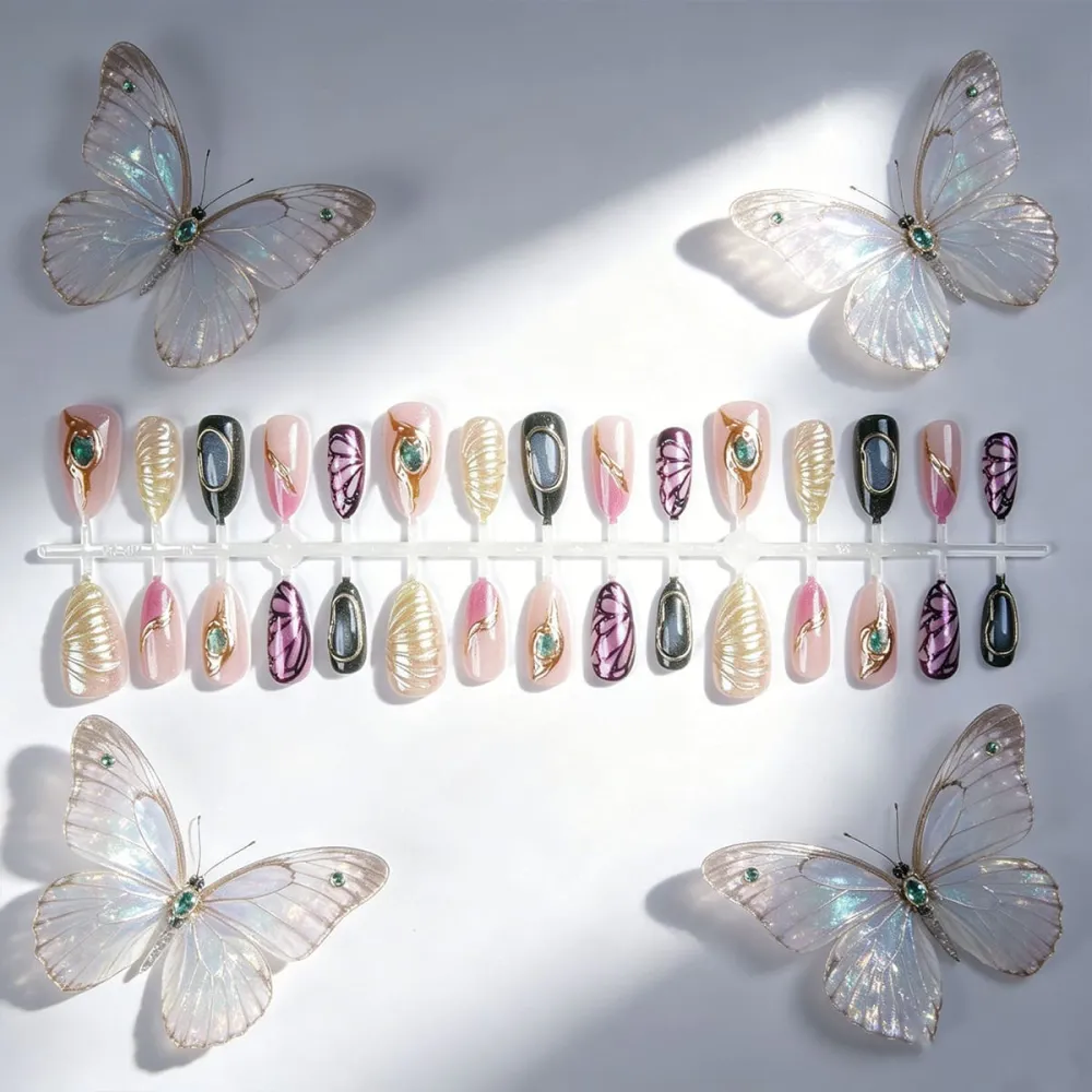 Nailhour 30Pcs Handmade Butterfly 3D Medium Almond French Press On Nails