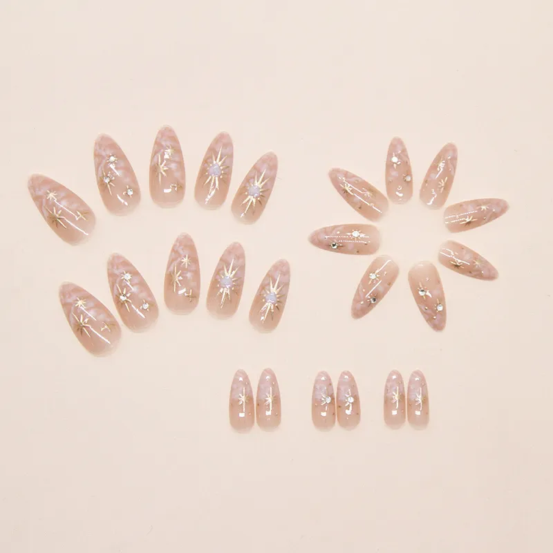 Nailhour Nude Gold Star 24Pcs 3D Handmade Press On Nails