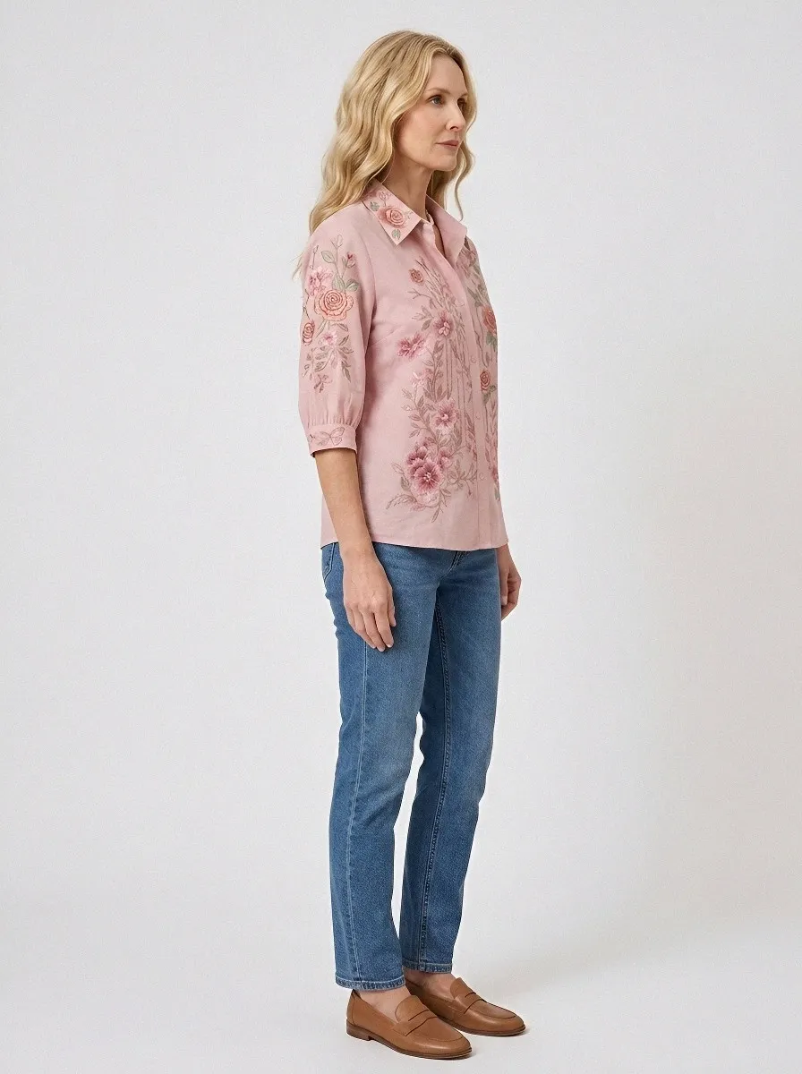 Women's Breast Cancer Awareness Pink Rose Floral Embroidered Printed Shirt