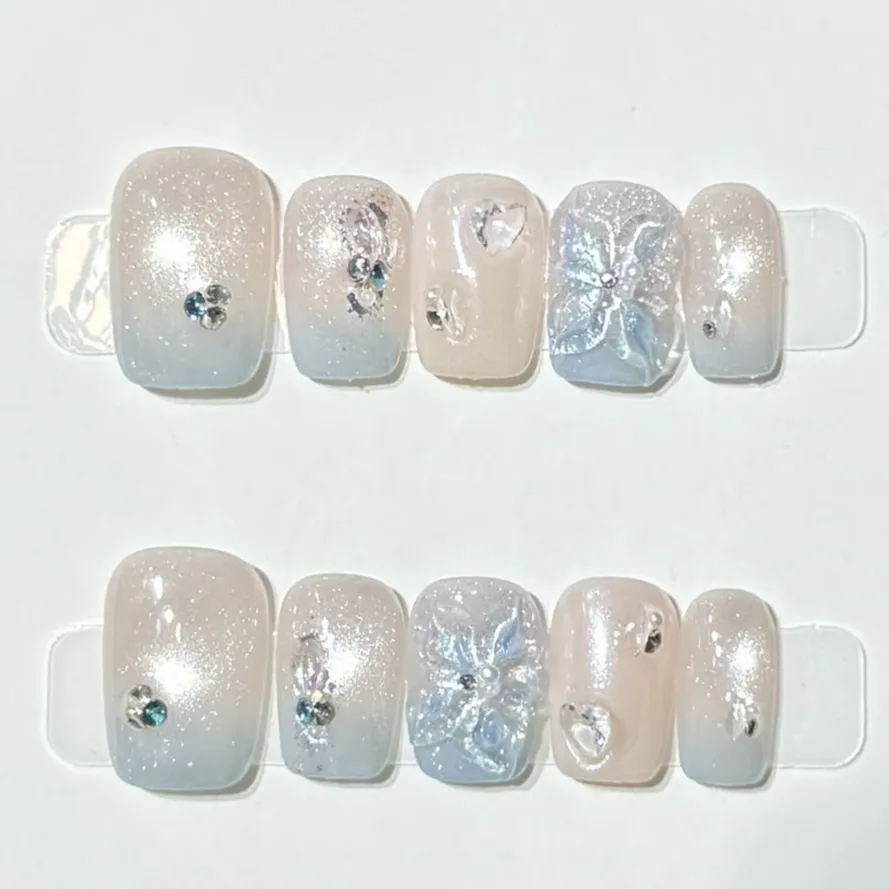 Nailhour 10Pcs Winter Glitter Blue Bow Short Square Press On Nails