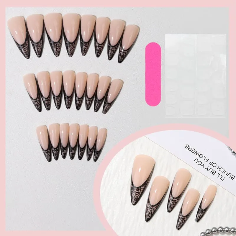 Nailhour 24Pcs Black Floral 3D Medium Almond French Lace Press On Nails