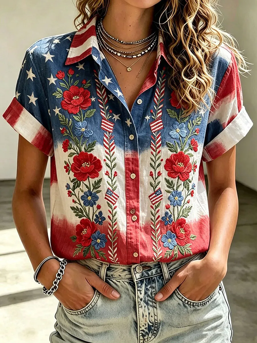 Women's Vintage American Flag & Floral Art Print Short-Sleeve Shirt