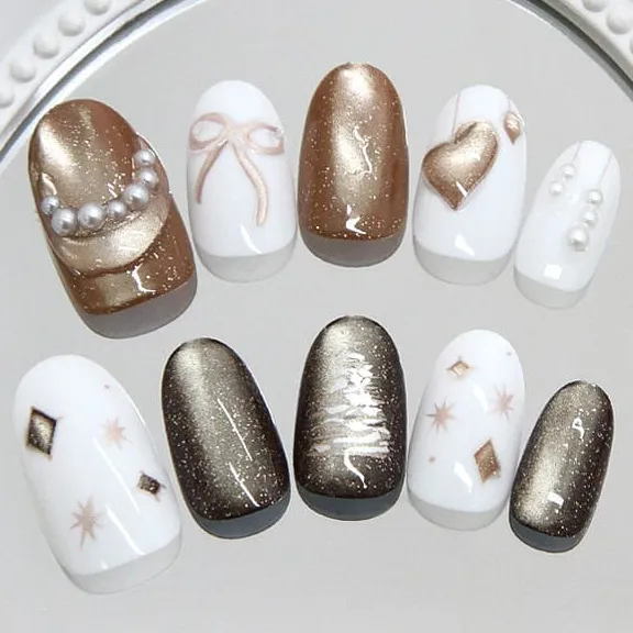 Nailhour 30Pcs Cat Eye Medium Oval French 3D Multicolor Press On Nails