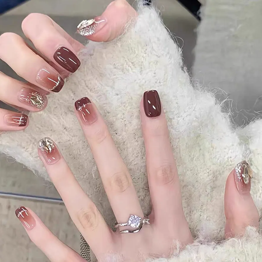 Nailhour 10Pcs French Cat Eye Rhinestone Short Square Press On Nails