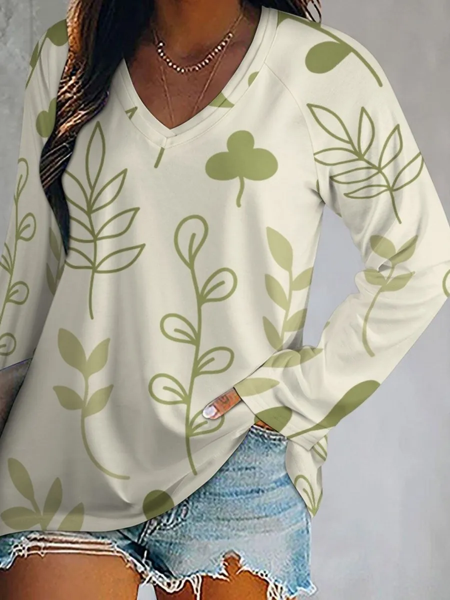 Botanical Print V-Neck T-Shirt