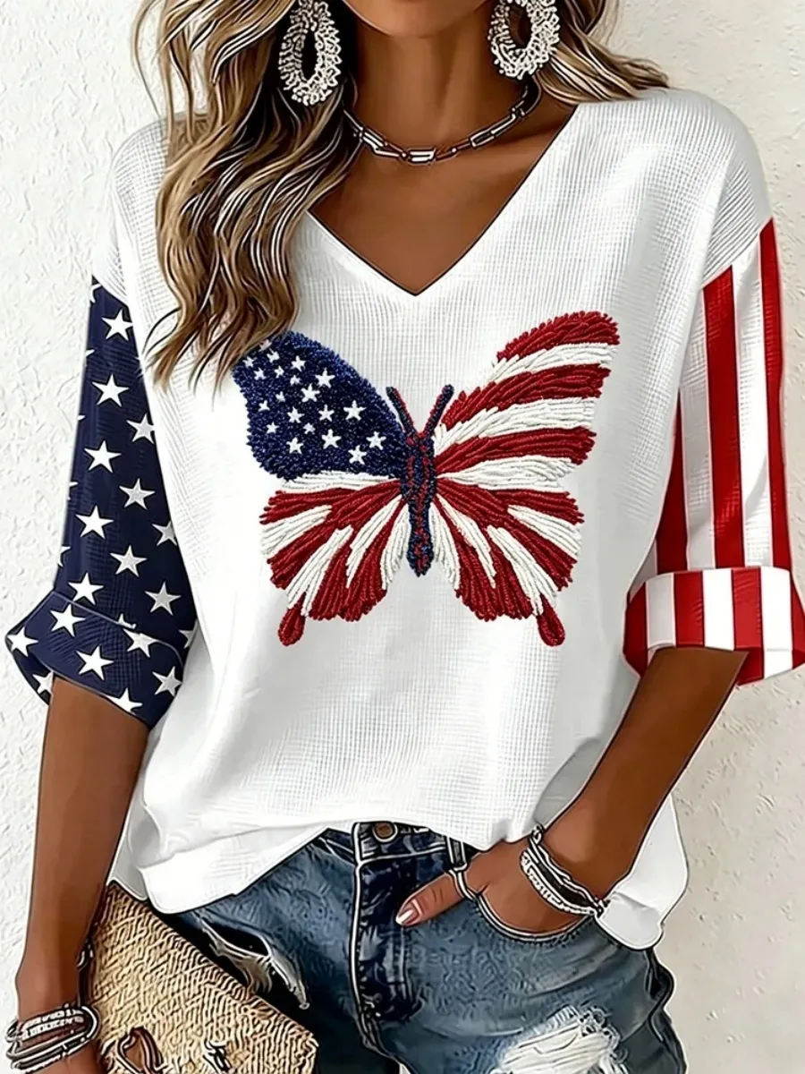 U.S. 250th Anniversary Butterfly Art Linen Long-Sleeve V-Neck Shirt