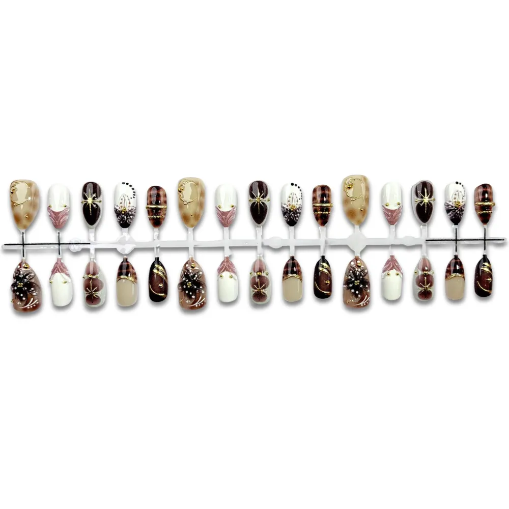 Nailhour 30Pcs Carved Gilded 3D Medium Almond French Press On Nails