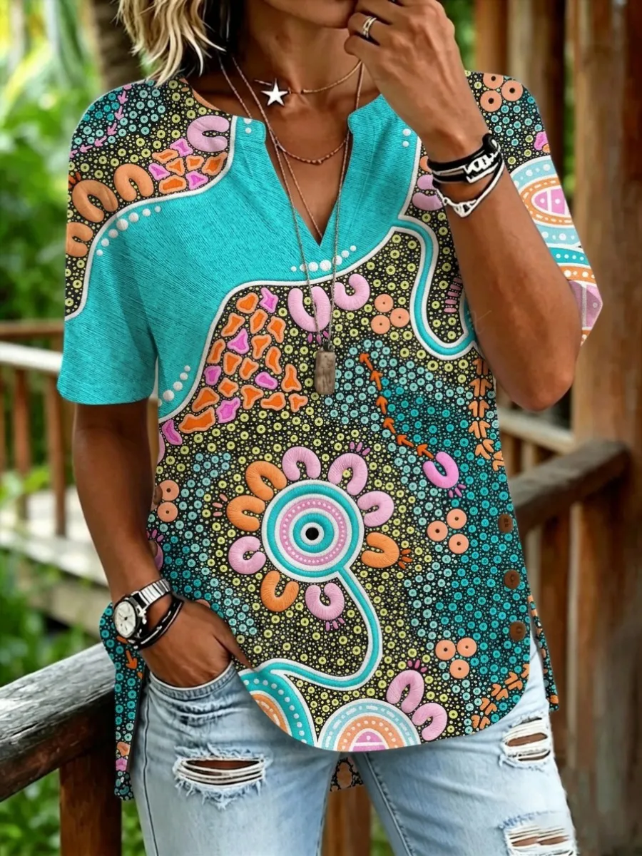 Women's Retro Floral Pointillism Print Short Sleeve Shirt