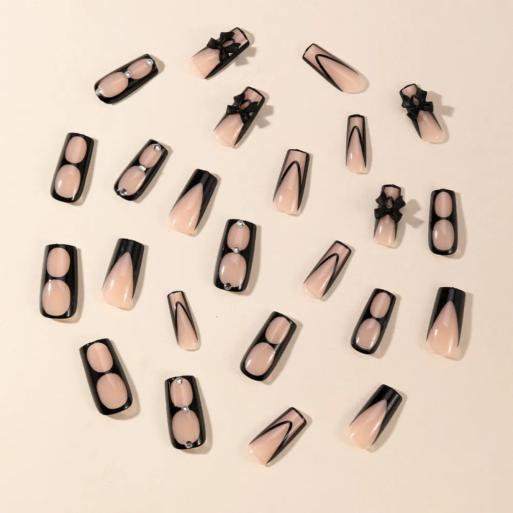 Nailhour Black Party French Bow Square 24Pcs Press On Nails