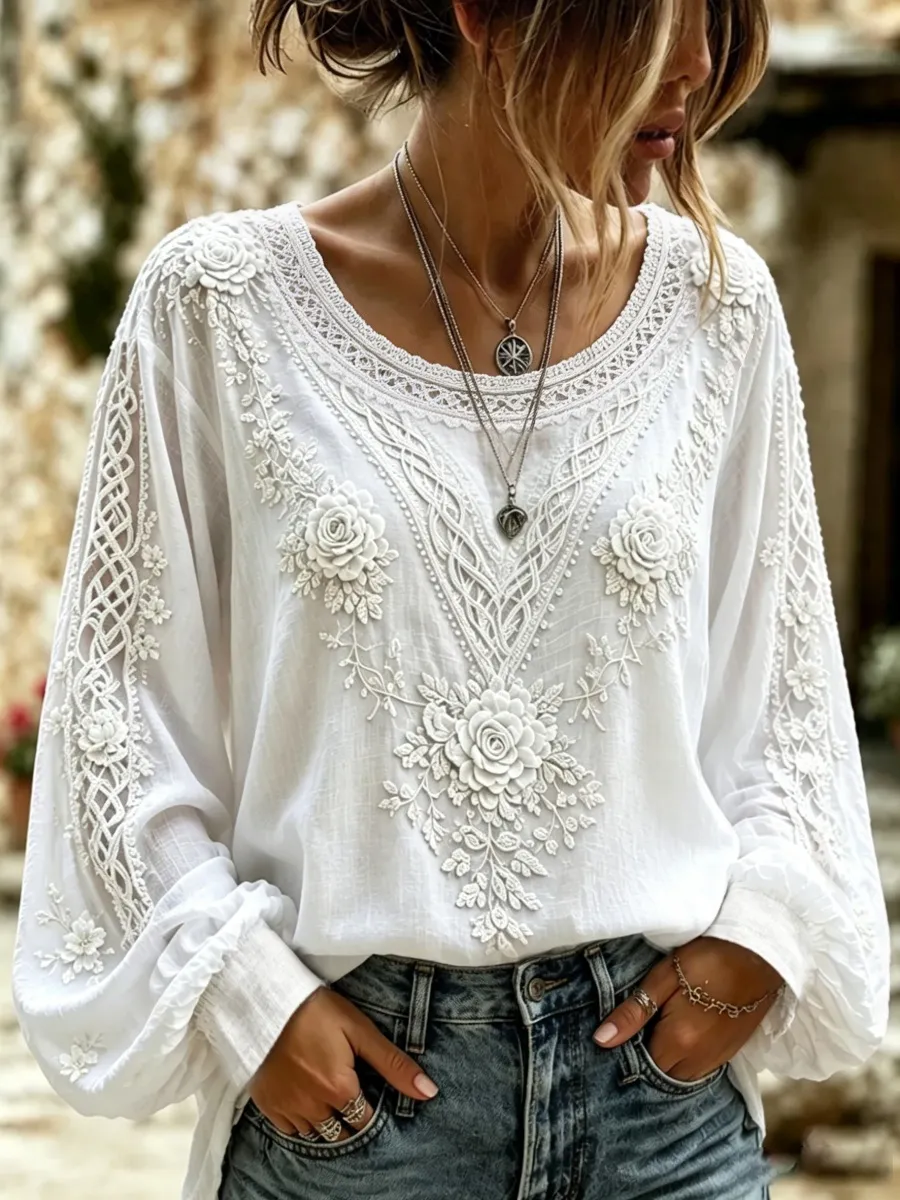 Women's Retro Celtic Knot With Floral Art Linen Blend Long Sleeves Shirt