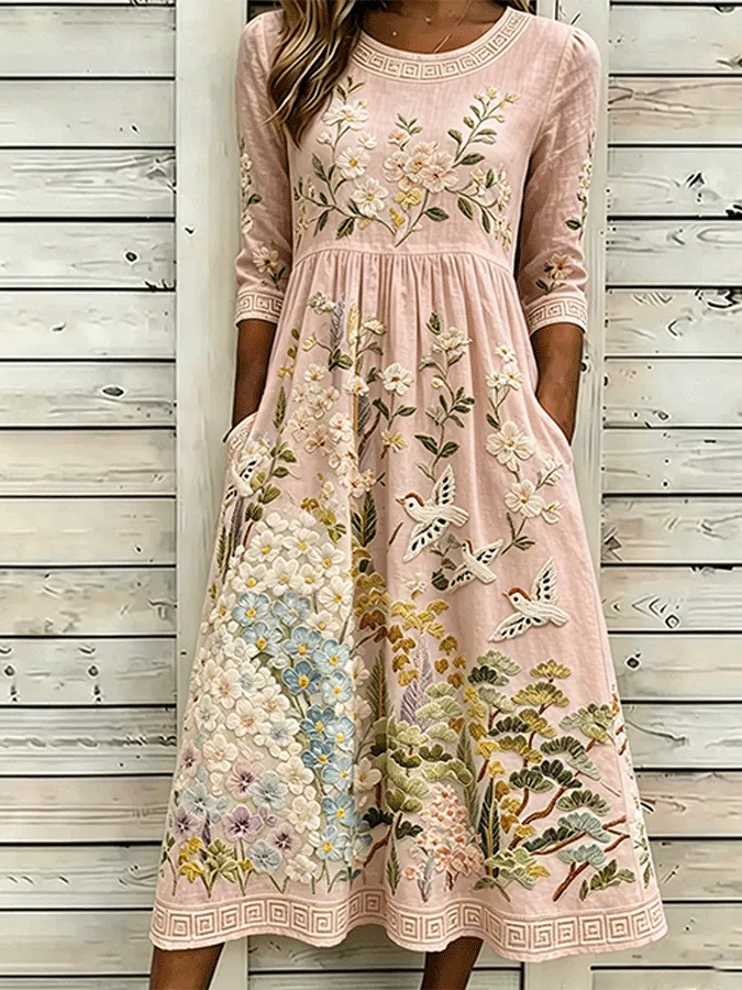 Vintage Floral & Birds Art Cozy Linen Maxi Dress