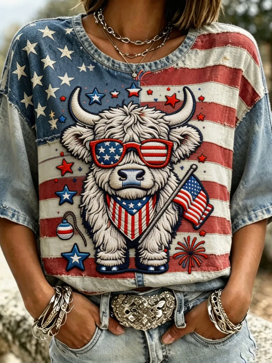 U.S. 250th Anniversary Highland Cow Print Women's Vintage T-Shirt