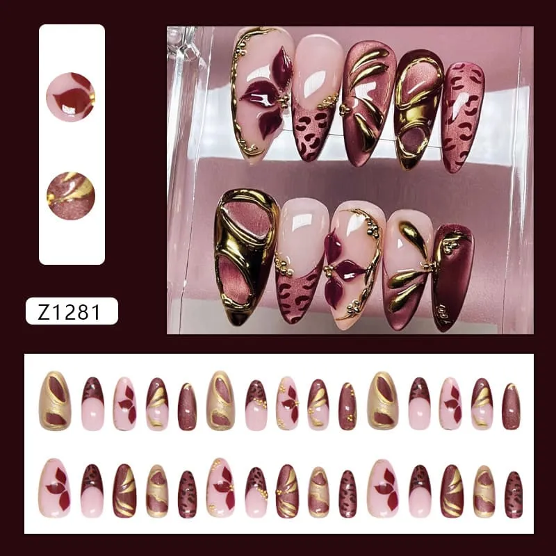 Nailhour 30Pcs Vintage 3D Medium Almond Cat Eye Press On Nails