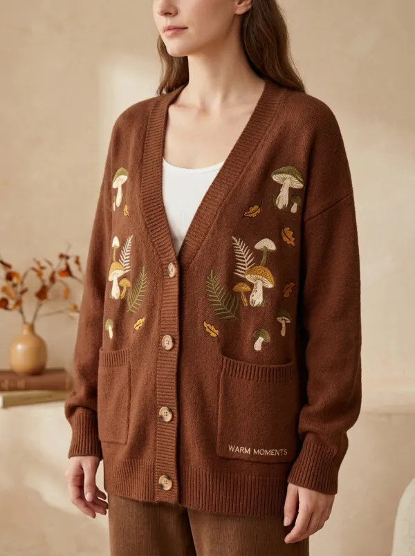 Cottagecore Mushroom Fern Embroidered Women's Knit Cardigan