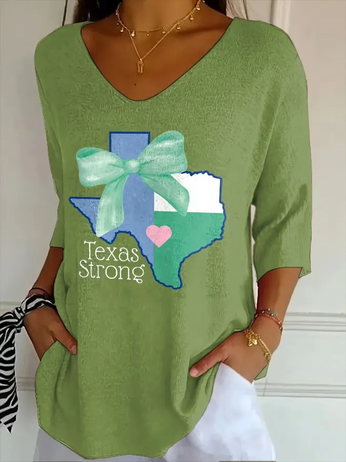 V- Neck Retro Texas Strong Green Bow Print Top