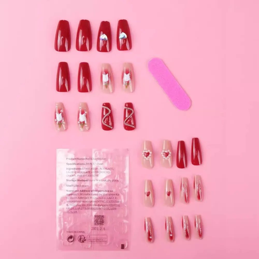 Nailhour 24Pcs Heart 3D Medium Coffin French Press On Nails