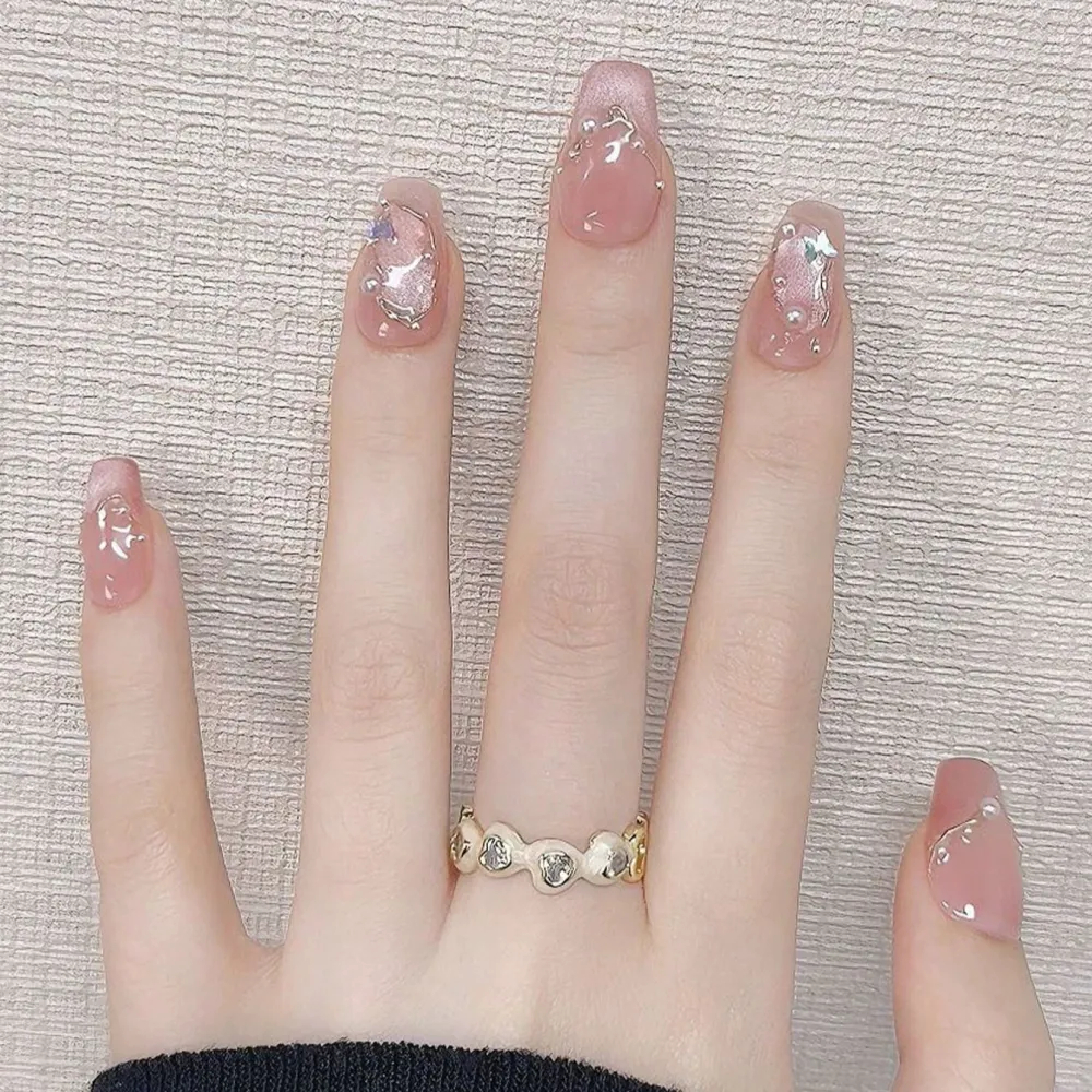 Nailhour 10Pcs Gilded French Glitter Pink Coffin Press On Nails