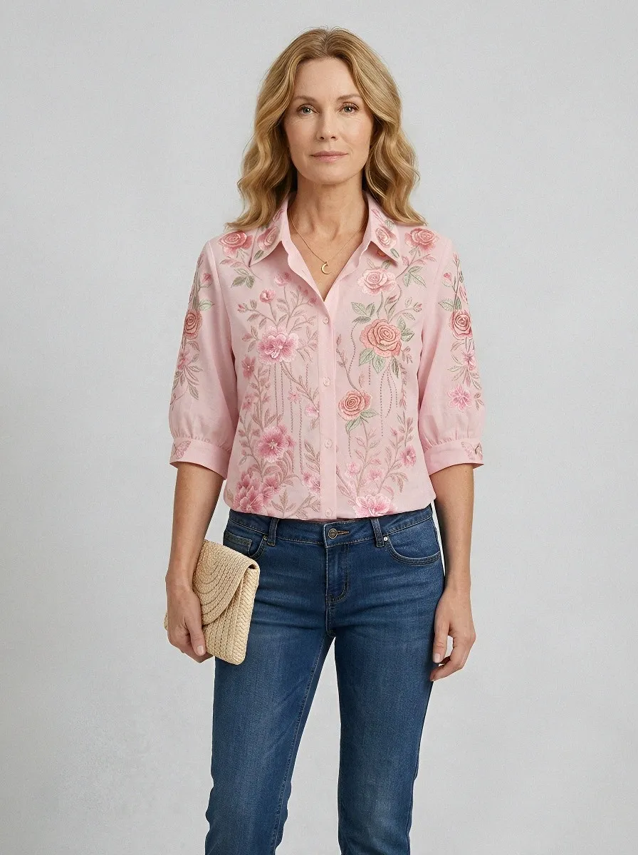Women's Breast Cancer Awareness Pink Rose Floral Embroidered Printed Shirt