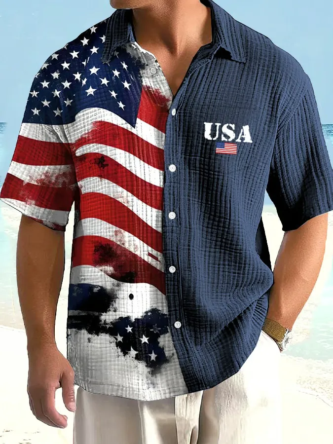 Men's Retro Independence Day Flag Printed Casual Shirt