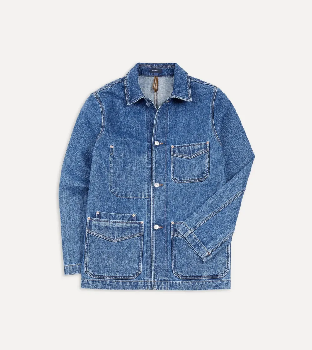 Casual Style Bleach Wash Selvedge Denim Five-Pocket Chore Jacket