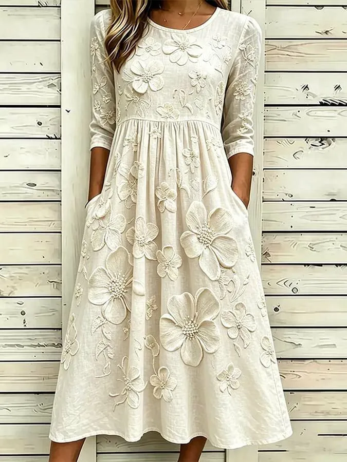 Women's cotton and linen casual printed loose dress