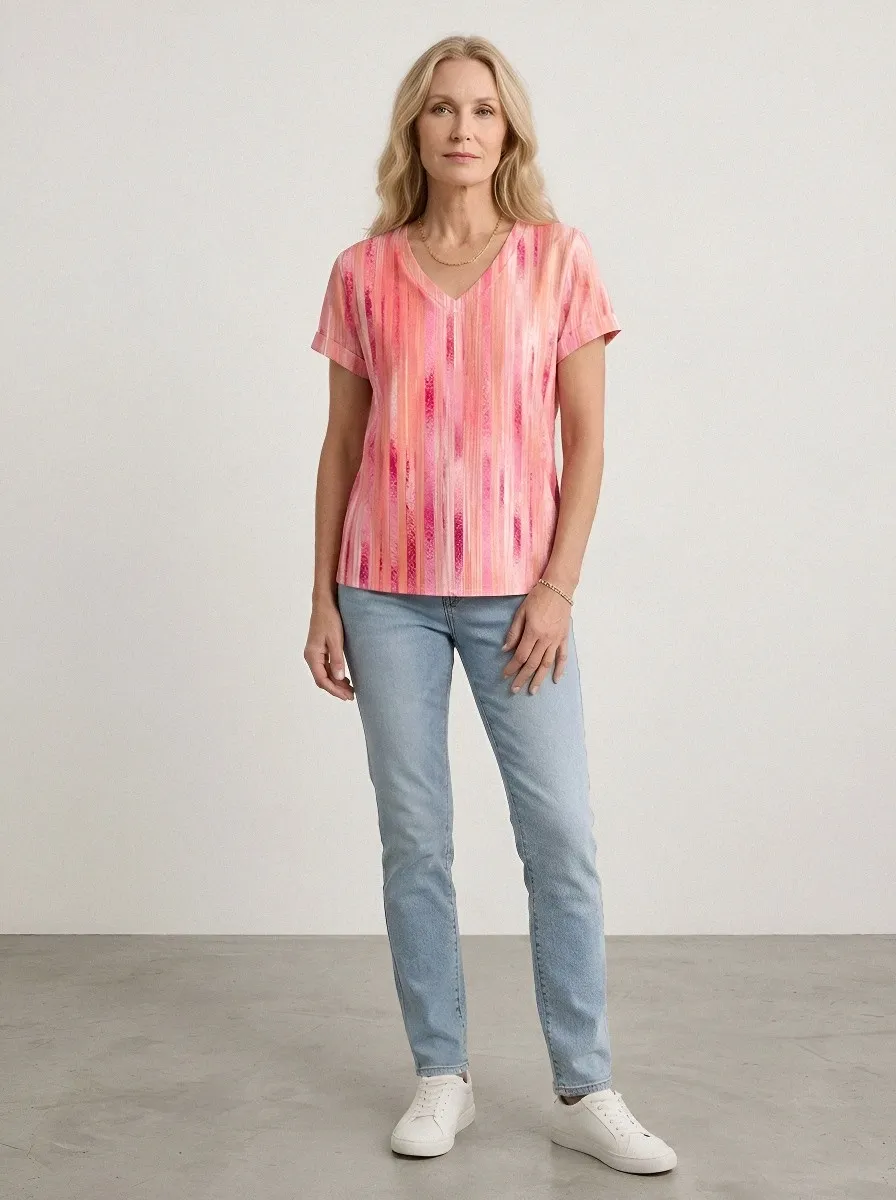 Women's Breast Cancer Awareness Pink Striped Printed V-Neck T-Shirt