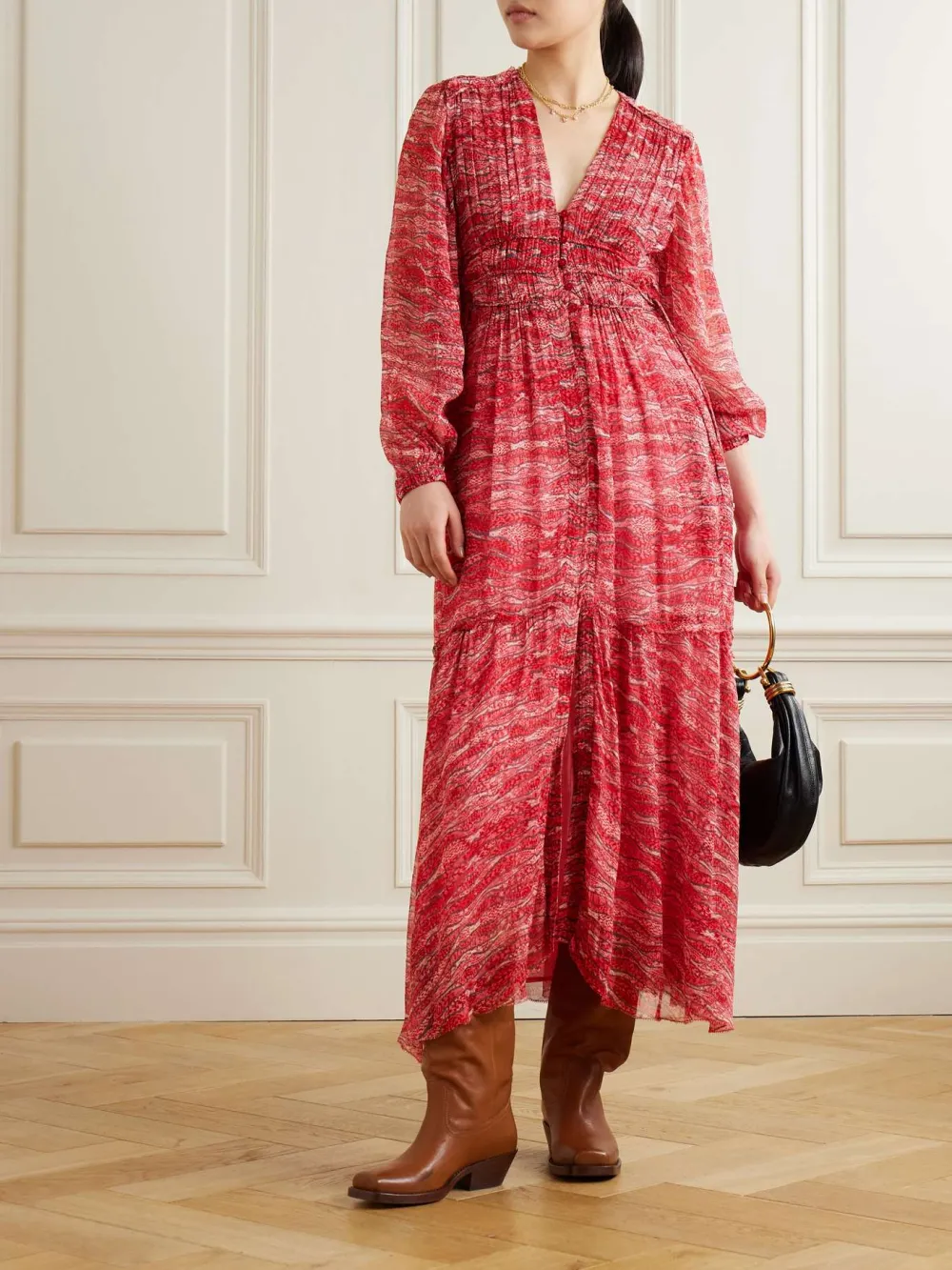 Printed V-Neck Long Sleeve Dress