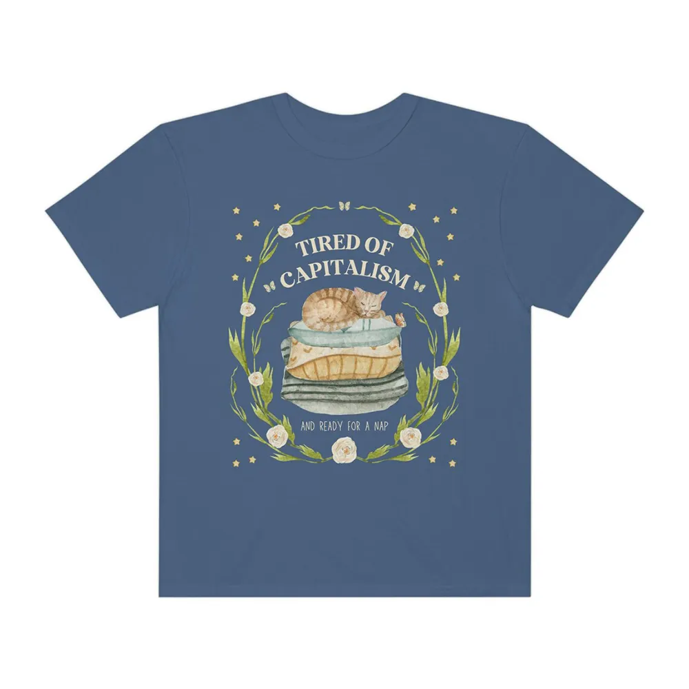 Cat Print T-Shirt Surrounded By Flowers