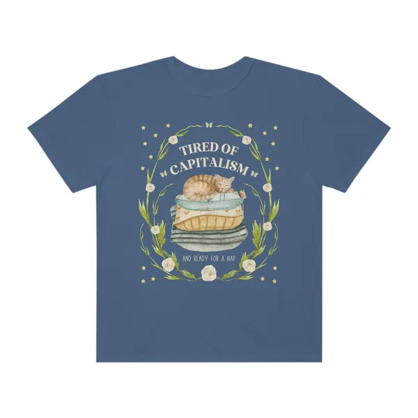 Cat Print T-Shirt Surrounded By Flowers