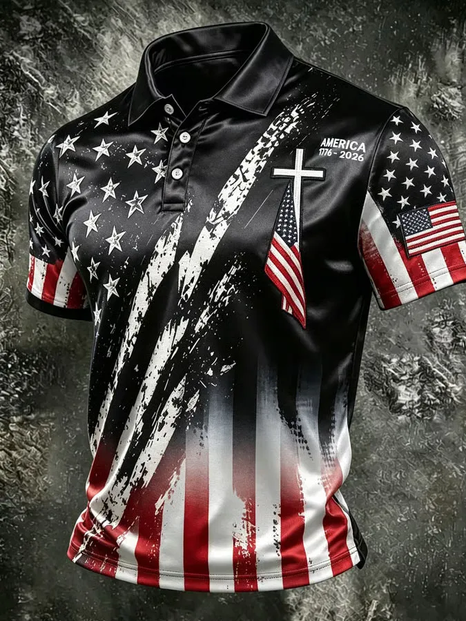 Men'S America Flag Print Casual Polo Shirt