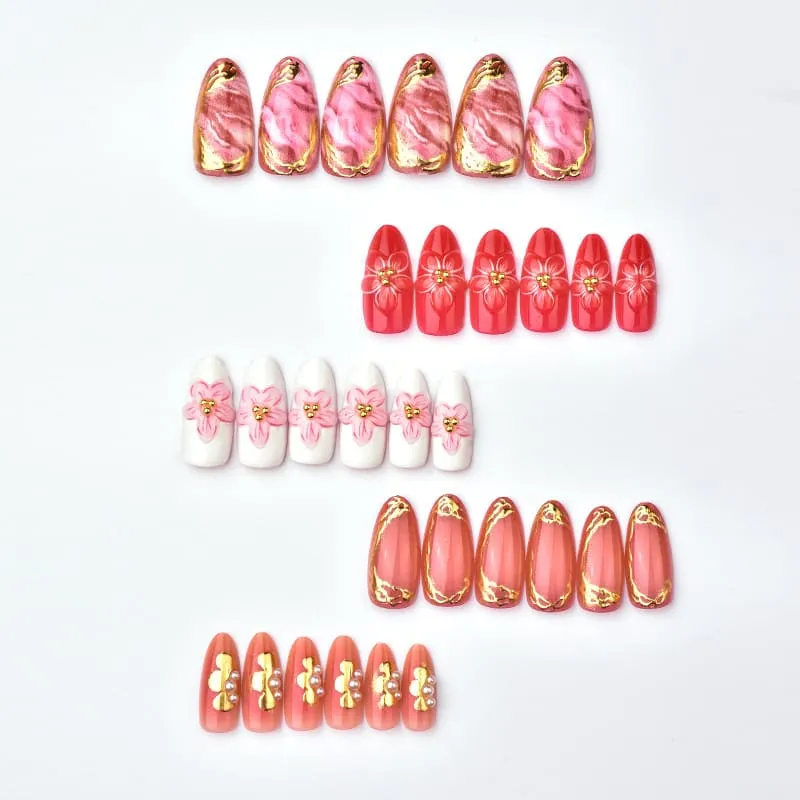 Nailhour 30Pcs Pink Gilded Floral 3D Medium Almond French Press On Nails