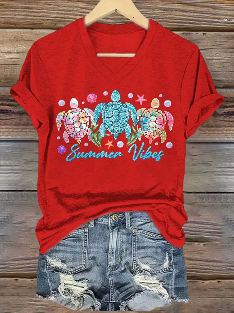 Women's Vibes Short Sleeves V-Neck Pure Cotton T-Shirt